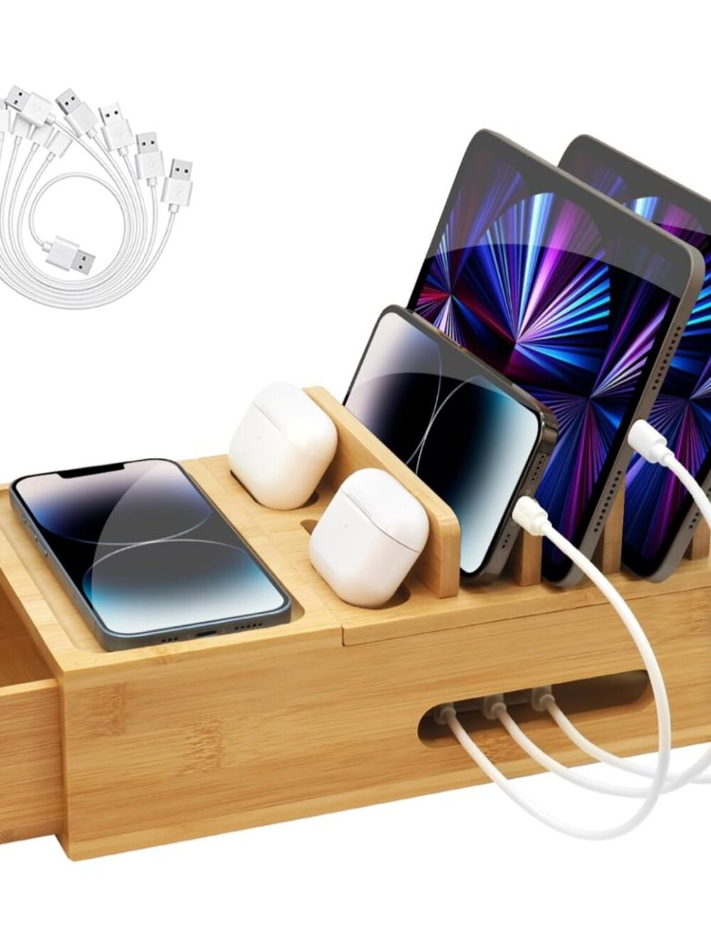 Bamboo Charging Station for Multiple Devices, Desktop Wood Charger Organizer wit